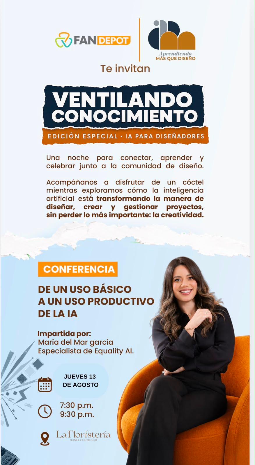 Flyer del evento Ventilando Conocimiento · IA para diseñadores, jueves 13 de agosto